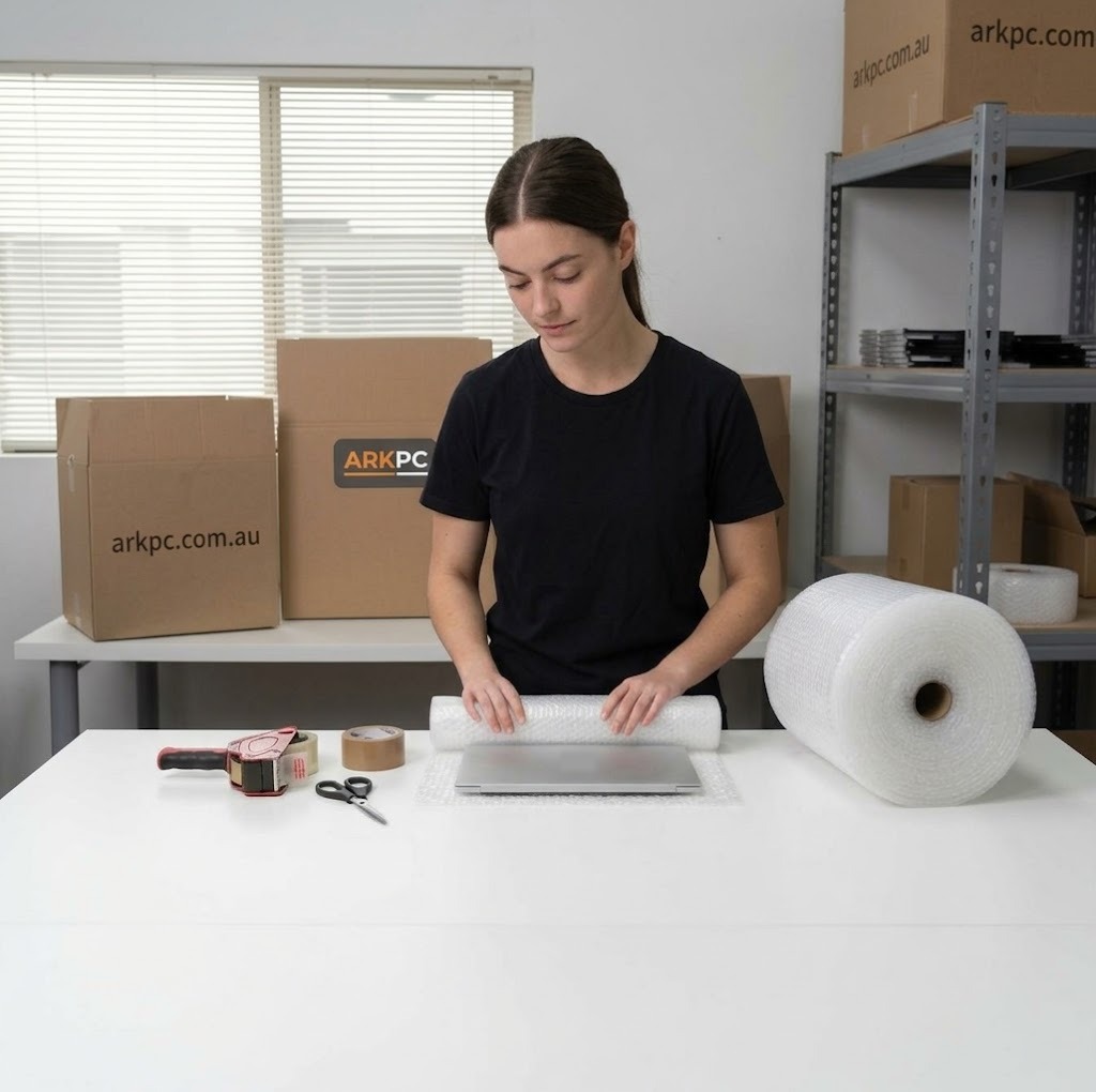 Linux installation service customer packing a laptop in bubble wrap to send to ArkPC
