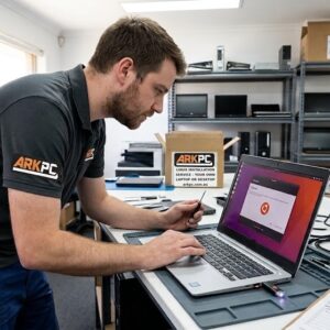 Linux Installation Service ArkPC technician installing Linux on a customer laptop