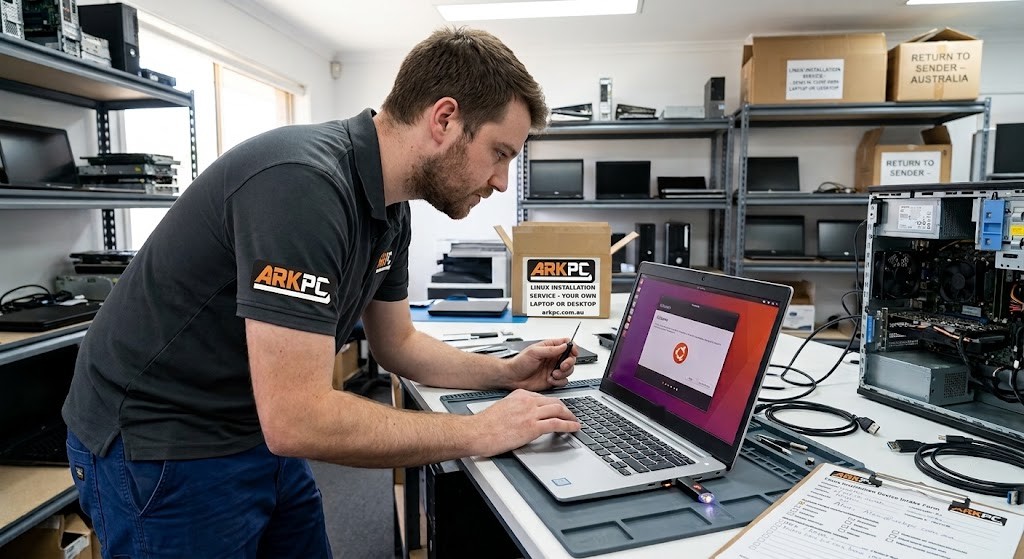 ArkPC technician checking a customer laptop before Linux installation