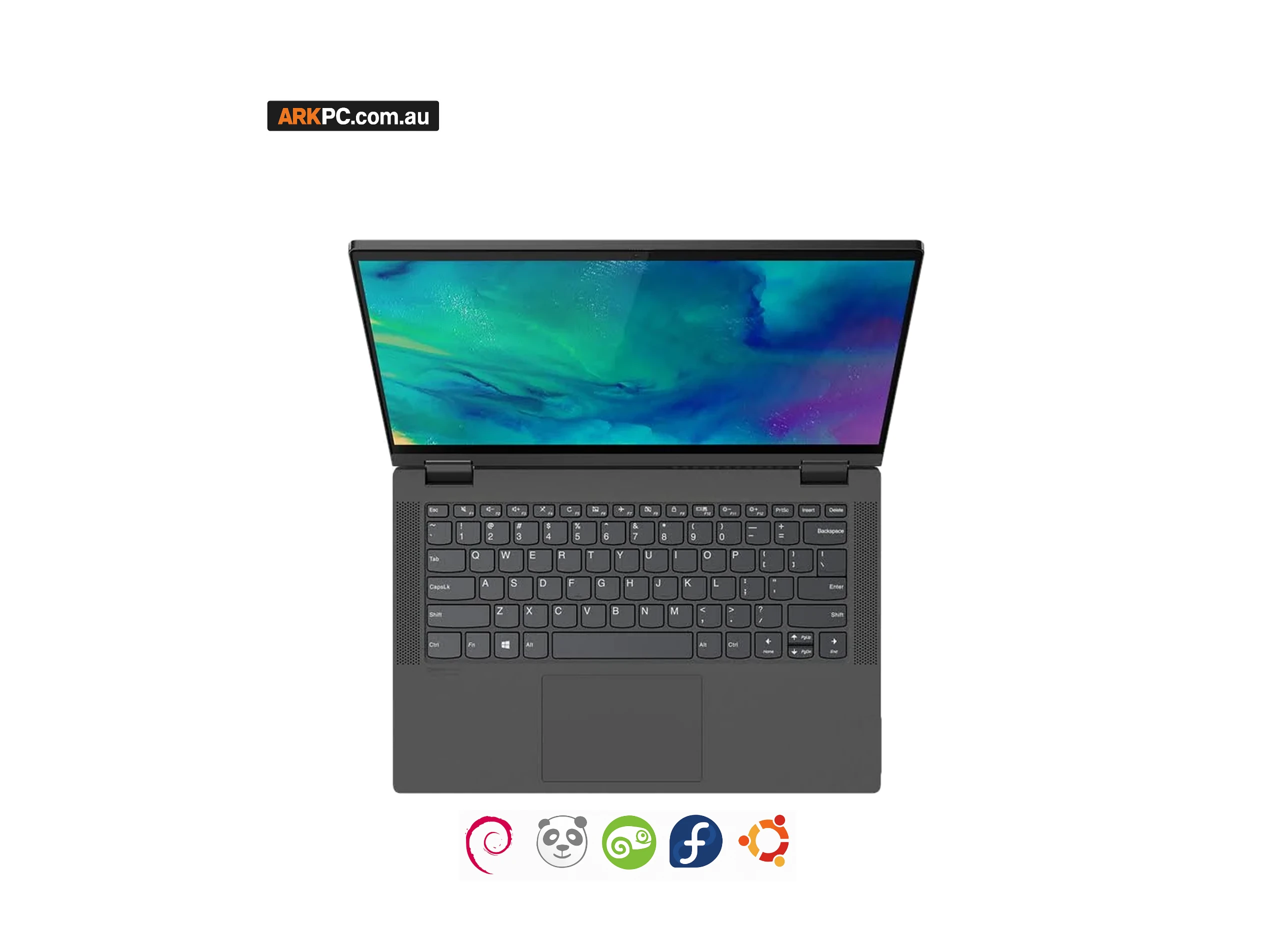 Refurbished Linux Laptop AMD Ryzen 7 14-inch 16GB 256GB NVMe top view of backlit keyboard and touchpad